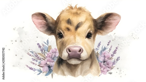 Watercolor Calf Portrait with Lavender and Flowers