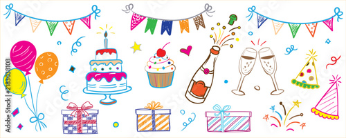 Colorful birthday party hand drawn doodle set, with cake, balloons, gifts, confetti, bunting, cupcakes, candles and festive celebration elements for greeting cards, invitations, and event designs