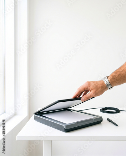 Hand Opening Flatbed Document Scanner on White Office Desk

