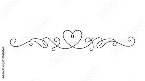 Minimalist continuous line art heart flourish vector illustration romantic calligraphy divider on white background