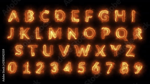 Alphabet A to Z Text Animation on Transparent Background, Neon Glowing Fire Letter Sign from A to Z with Alpha Channel.