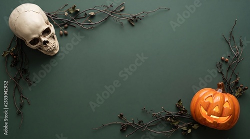 Minimalist halloween composition with lit pumpkin and realistic skull on dark green matte background.