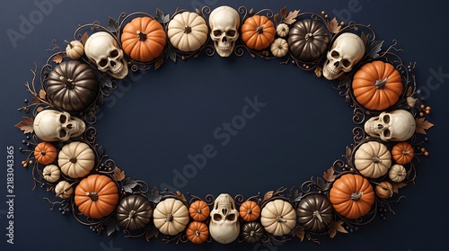 Decorative oval border containing assorted pumpkins and human skulls on dark blue textured background.