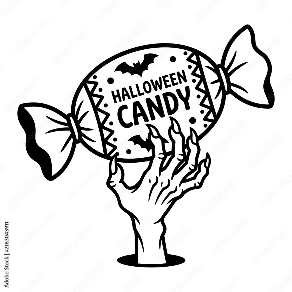 Fototapeta premium Halloween candy vector illustration featuring monster hand holding wrapped sweet treat with bat motifs