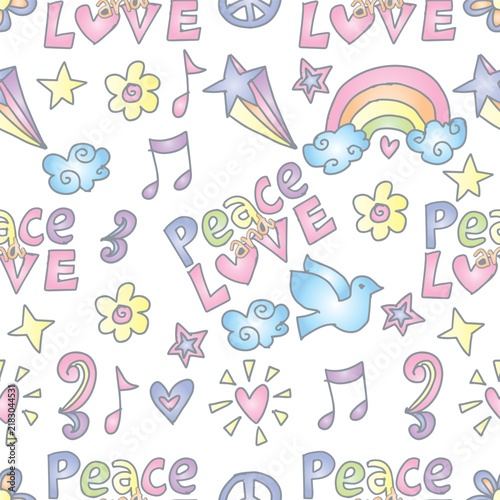 Naklejka Hand-drawn multicolor peace and love pattern background