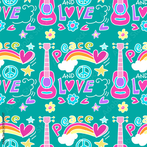 Naklejka Hand-drawn peace and love doodle pattern background