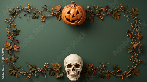 Autumn harvest frame with jack-o-lantern and skull on dark green background for halloween invitations.