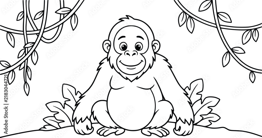 Fototapeta premium Cute Gorilla Coloring Page for Kids, Black and White Jungle Animal Line Art Vector, Ape Character Outline Illustration