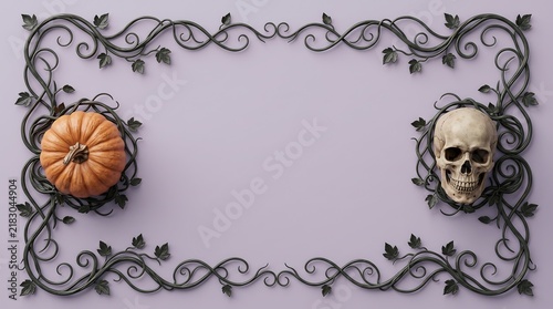 Elegant gothic frame with ornate metal vines pumpkin and skull on light purple background for cards.
