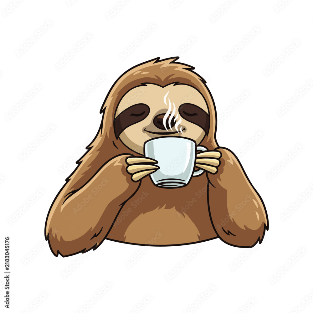 Fototapeta premium Cute cartoon sloth holding steaming mug of coffee with relaxed posture, concept for cozy morning routine, wellness branding and relaxation content