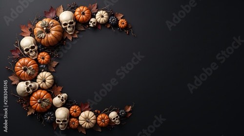 Spooky crescent moon arrangement of pumpkins and skulls on black background for halloween invitation.