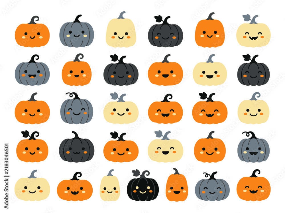 Obraz premium Cute Kawaii Halloween Pumpkin Characters with Various Expressions