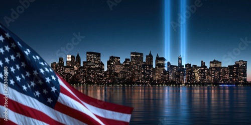 American flag waving before New York City skyline