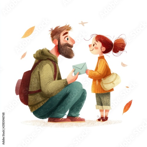 Father and Daughter Sending Letter in Autumn Park Scene with Falling Leaves
