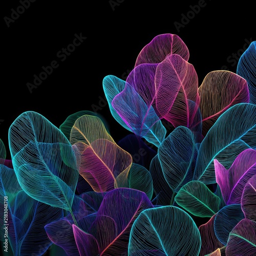 Vivid Neon Leaf Pattern on Black Background Colorful Modern Artistic Design