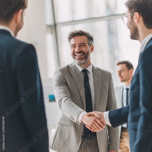 Professional Businessman Smiling Confidently Handshaking in Modern Office Setting