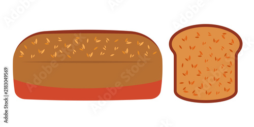 Whole grain bread loaf and slice flat vector illustration. Sliced bran sandwich bread icon pair with wheat seeds isolated on white background.