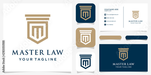 Minimalist Law Firm Logo Design Featuring Shield and Pillar Icon with Business Card Template