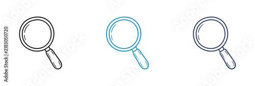 Set of three magnifying glass icons in hand drawn sketch style for search and discovery.