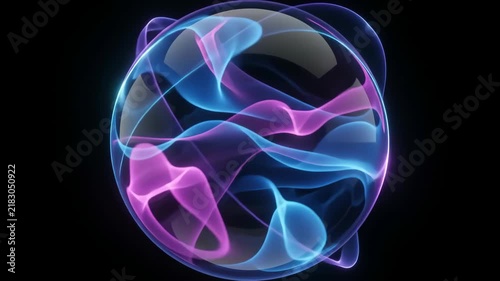 Abstract Blue Orange Purple Light Sphere with Flowing Energy Wave, Glowing Ribbon, Luminous Curves, Translucent Fluid Motion, Futuristic Digital Composition Against Dark Background