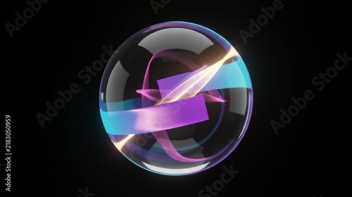 Futuristic Blue Orange Purple Glowing Sphere with Intersecting Ribbon Bands, Reflective Glass Surface, Abstract Composition Floating Against Dark Background, Luminous Reflection Design