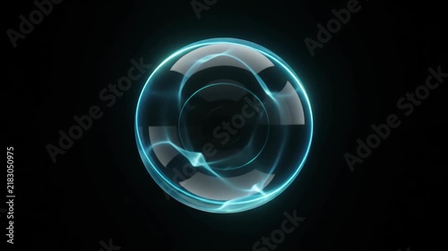 Futuristic Blue Orange Purple Holographic Sphere with Glowing Rings, Translucent Layered Geometry, Luminous Reflections, Reflective Surface, Mysterious Orbital Sci Fi Technology Against Black