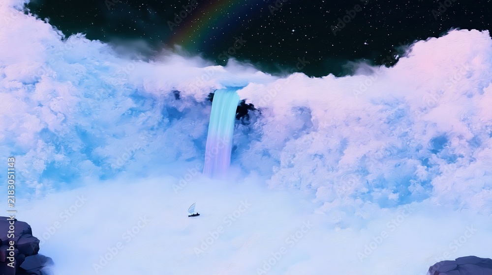 Obraz premium Sailboat navigates clouds near rainbow waterfall under starry