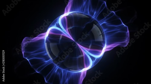 Luminous Blue Orange Purple Energy Wave Sphere, Abstract Glowing Reflective Plasma Ring on Black Background, Futuristic Electric Motion, Dramatic Contrast, Power and Technology