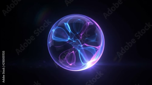 Purple Blue Orange Glowing Plasma Sphere on Black Background, Abstract Energy Display with Luminous Electric Filaments, Radiant Light, Futuristic Scientific Wonder and Mystery