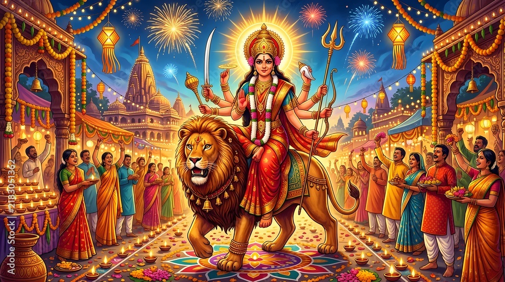 Fototapeta premium Goddess Durga riding lion in vibrant festival celebration with devotees