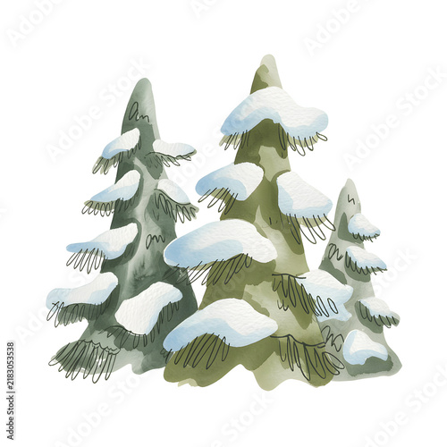 Watercolor snow covered pine trees winter forest illustration