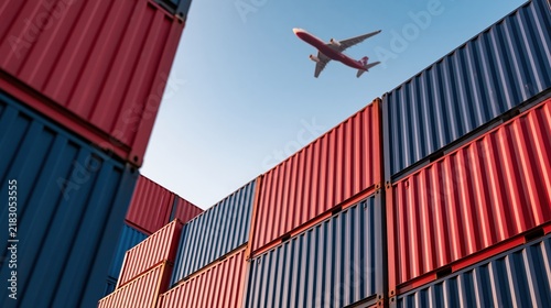Airplane flying above stacked shipping containers at port