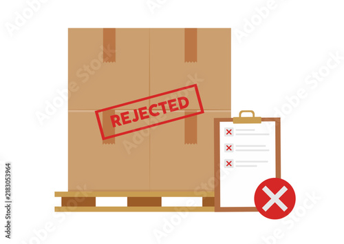 Cargo box quality control failure vector illustration, rejected package on pallet