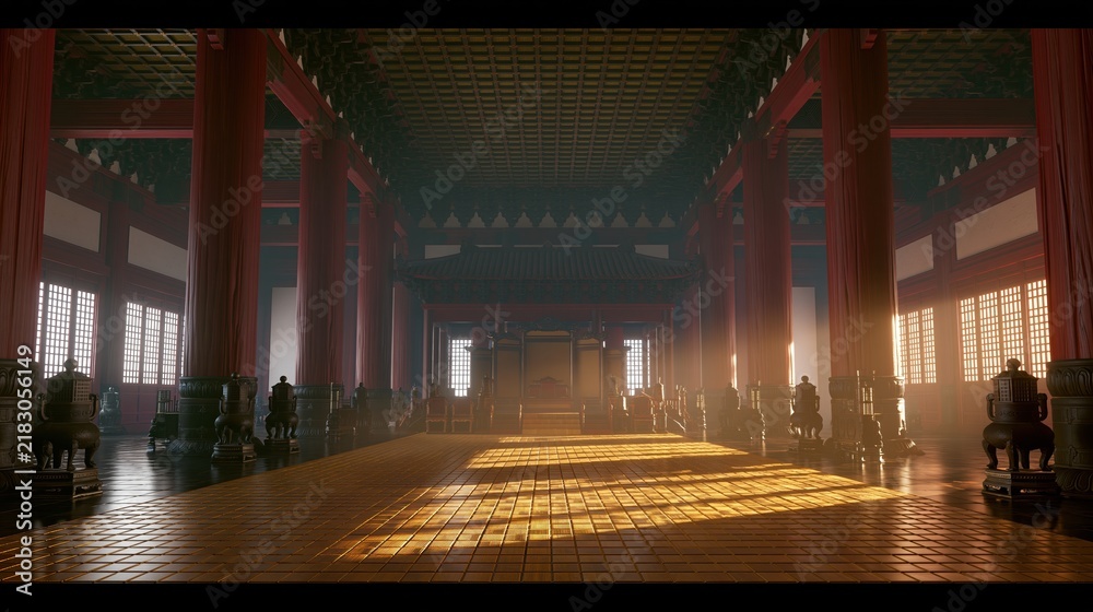 Obraz premium Sunlight streams through windows in grand asian palace