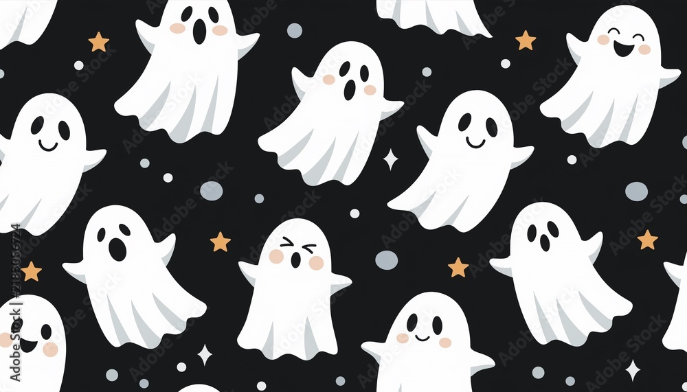 Fototapeta premium Playful ghosts scattered black backdrop, a cute seamless pattern for childrens products stationery and gift wrap