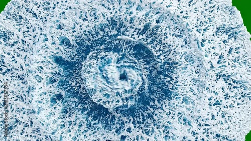 A dynamic ocean wave animation featuring surging water and white foam expanding, energetic motion loop, realistic liquid effect for video editing and compositing backgrounds.