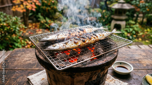 Two grilled sauries on a charcoal grill in a Japanese garden