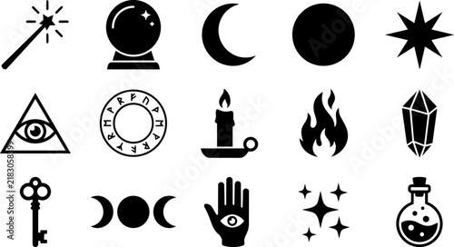 фотографія Mystical symbols and occult icons are presented as flat black silhouettes on a w
