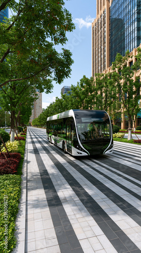 Public transport bus driving down a city street on a sunny day