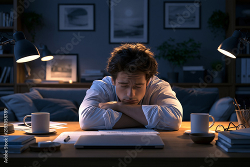 Man sitting at desk with papers and coffee cups in a dimly lit room