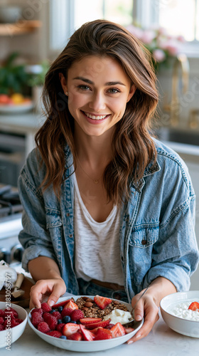 Woman smiling while holding a bowl of fruit and granola in a kitchen setting