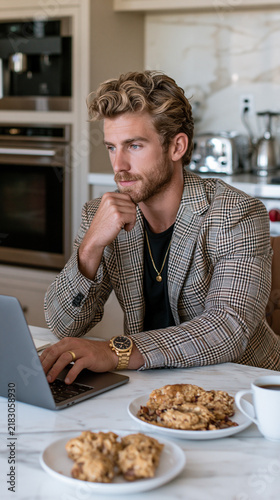 Man working on laptop while sitting at kitchen table with cookies