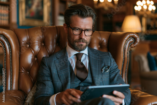 Man in a suit using a tablet while sitting in an armchair at a library