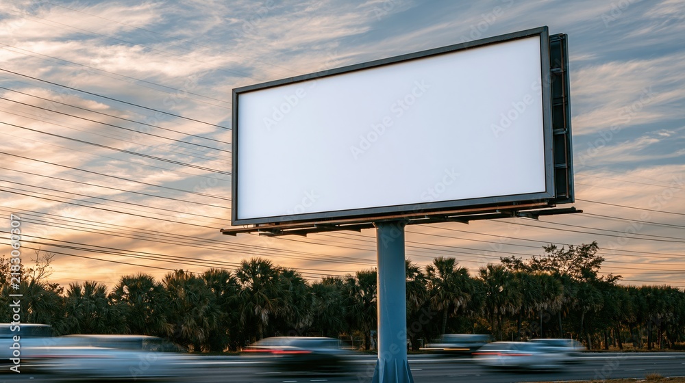 Obraz premium Blank billboard on highway against sunset sky