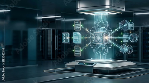 Holographic central data reactor emitting a bright beam of light connected to digital document icons inside a dark, modern server room with glass walls and dark server cabinets in background.