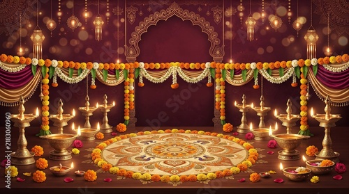 A festive Indian setting featuring an arrangement of brass oil lamps and a large rangoli design with intricate patterns on the floor