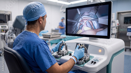 Surgeon operating a robotic surgery console
