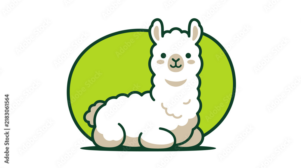 Fototapeta premium Cute white alpaca mascot illustration with green background circle.