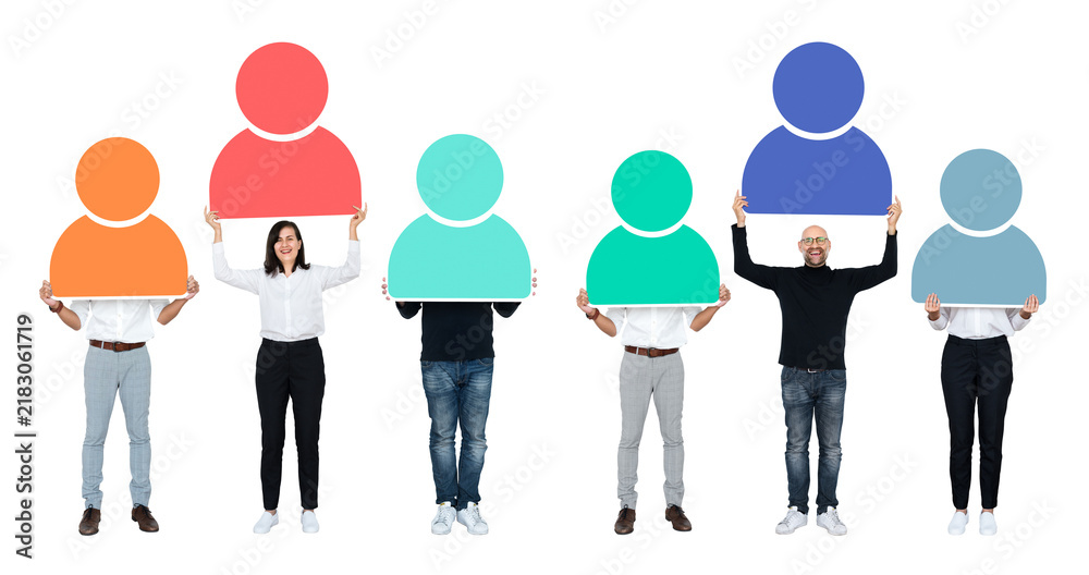 Obraz premium PNG Diverse team holding colorful icons on transparent background