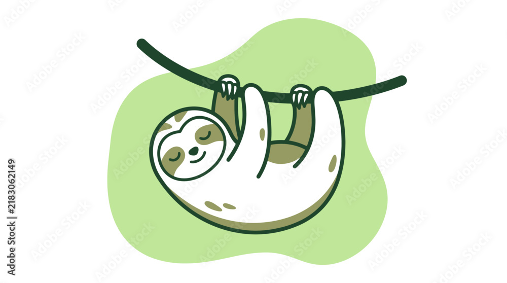 Obraz premium Cute cartoon sloth hanging from a vine, minimalist flat vector illustration.